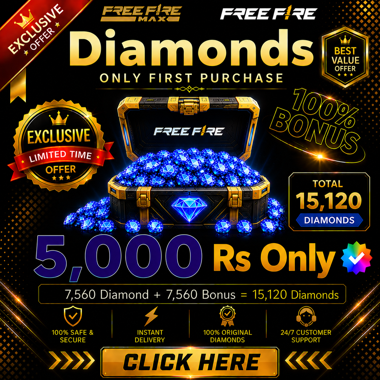 Top Up 7560 Diamond + 7560 Bonus = 15,120 💎