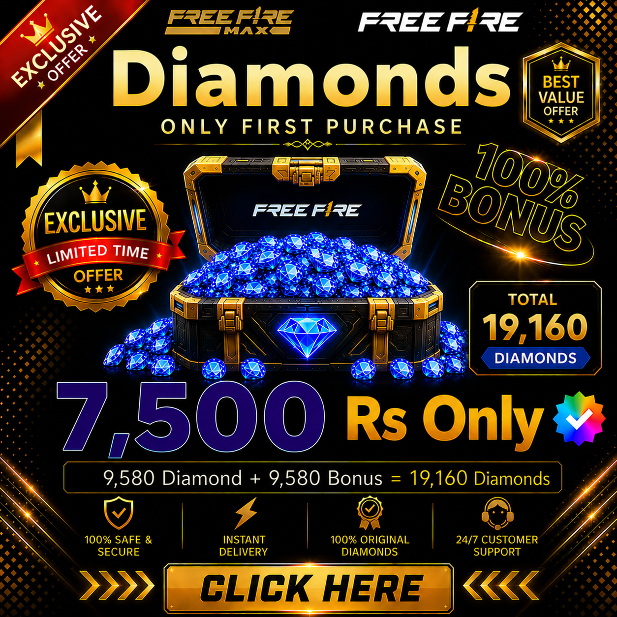 Top Up 9580 Diamond + 9580 Bonus = 19,160 💎