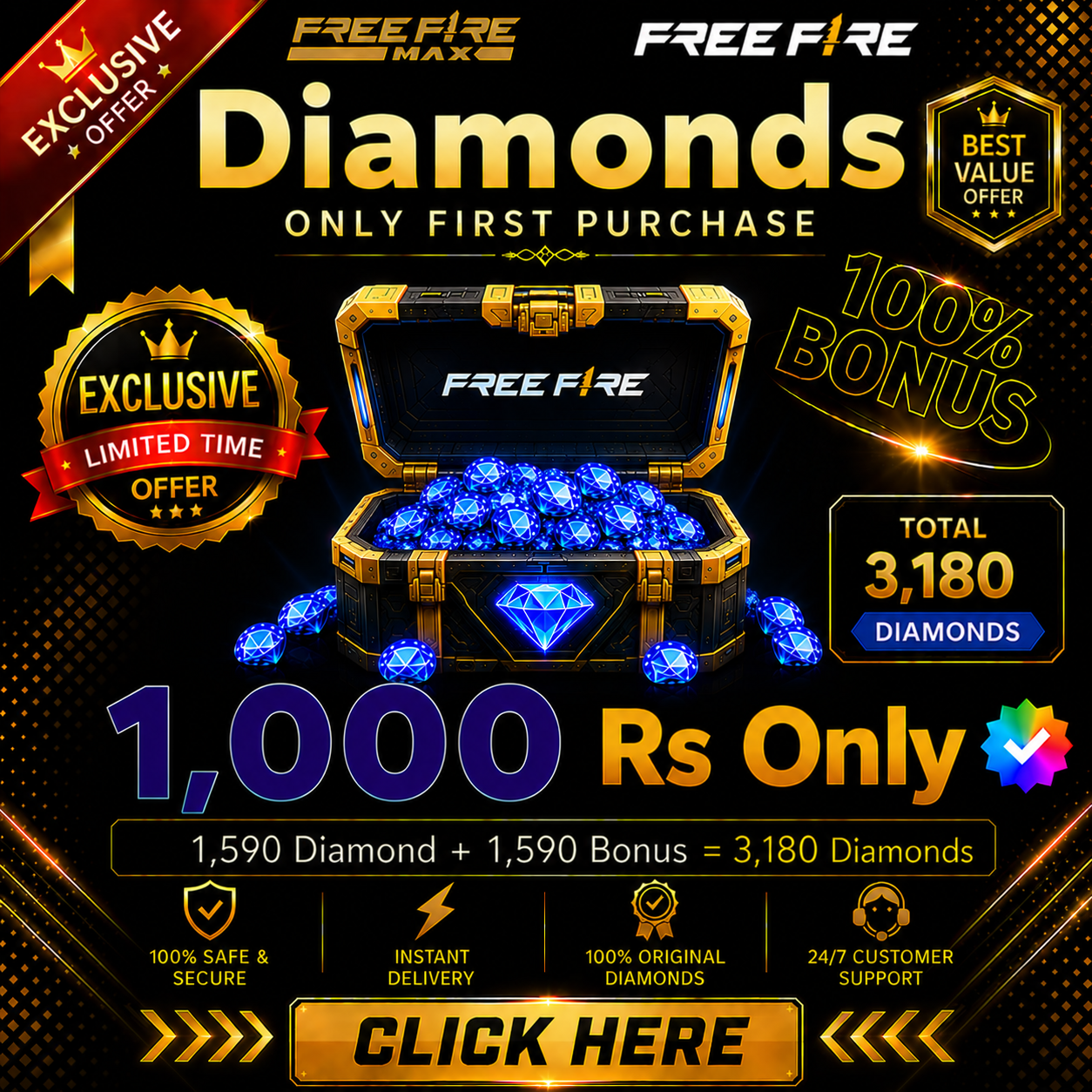 Top Up 1590 Diamond + 1590 Bonus = 3180 💎