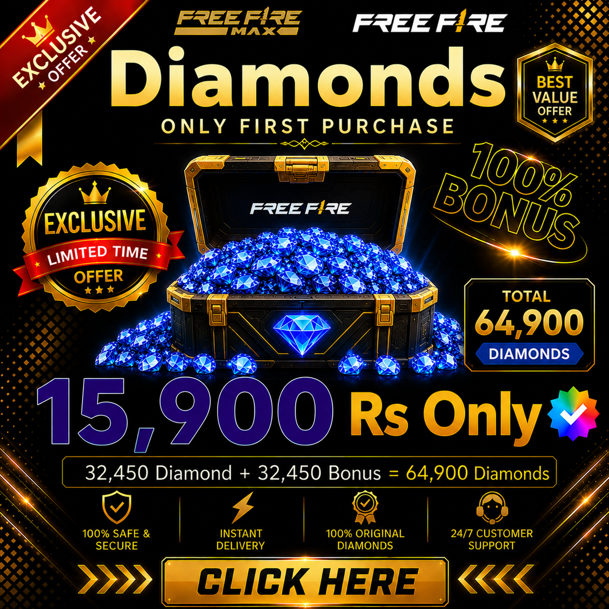 32,450 Diamond + 32,450 Bonus = 64,900 Diamonds