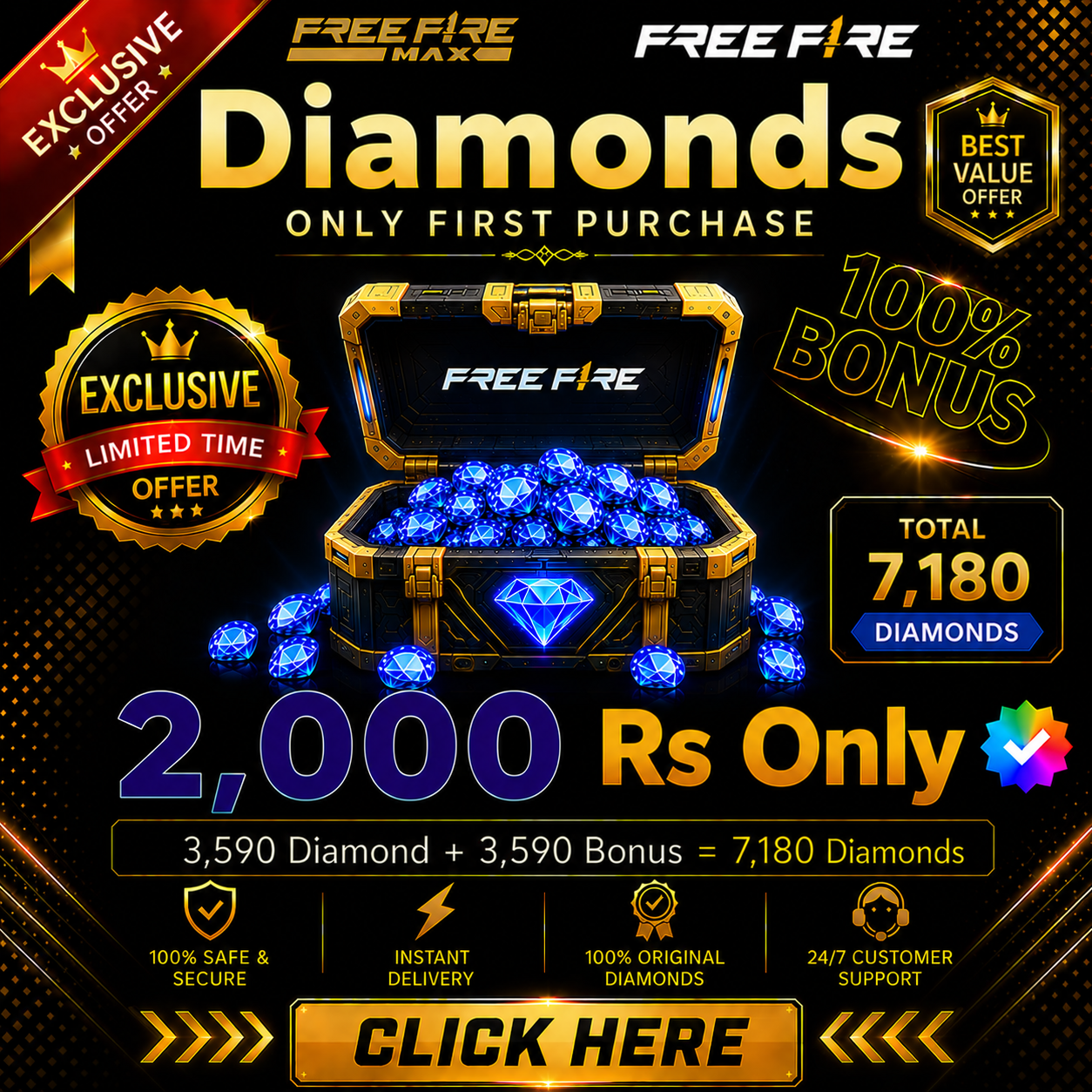 Top Up 3590 Diamond + 3590 Bonus = 7180 💎