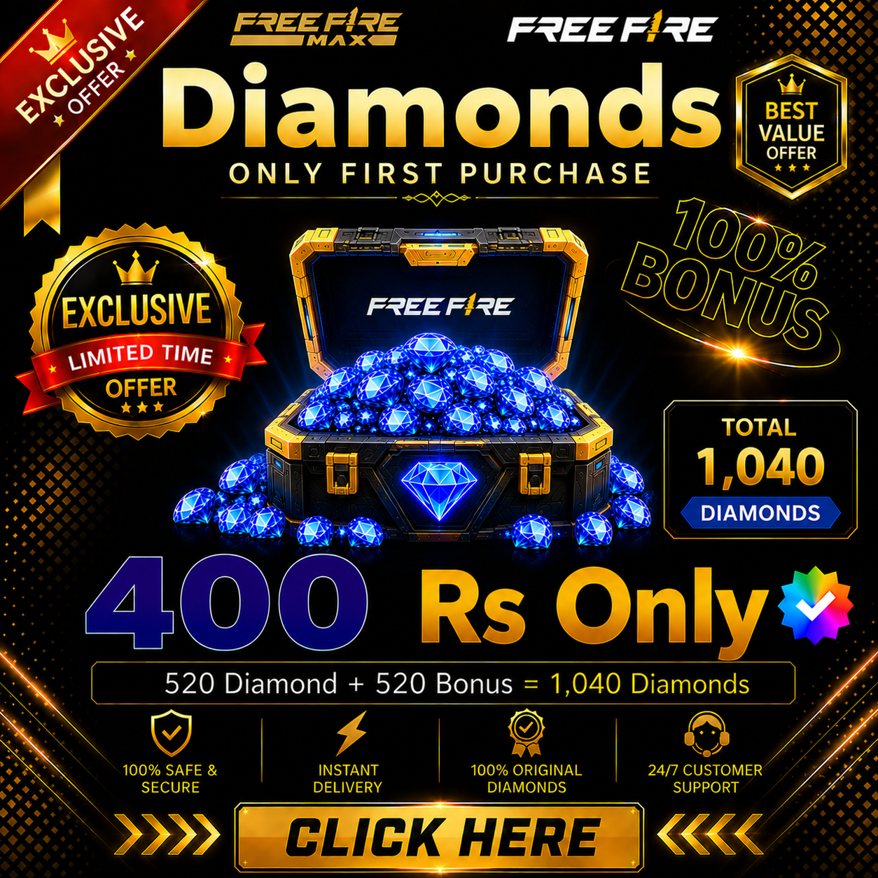 Free Fire 1040 Diamonds Cheap Top Up UID Direct