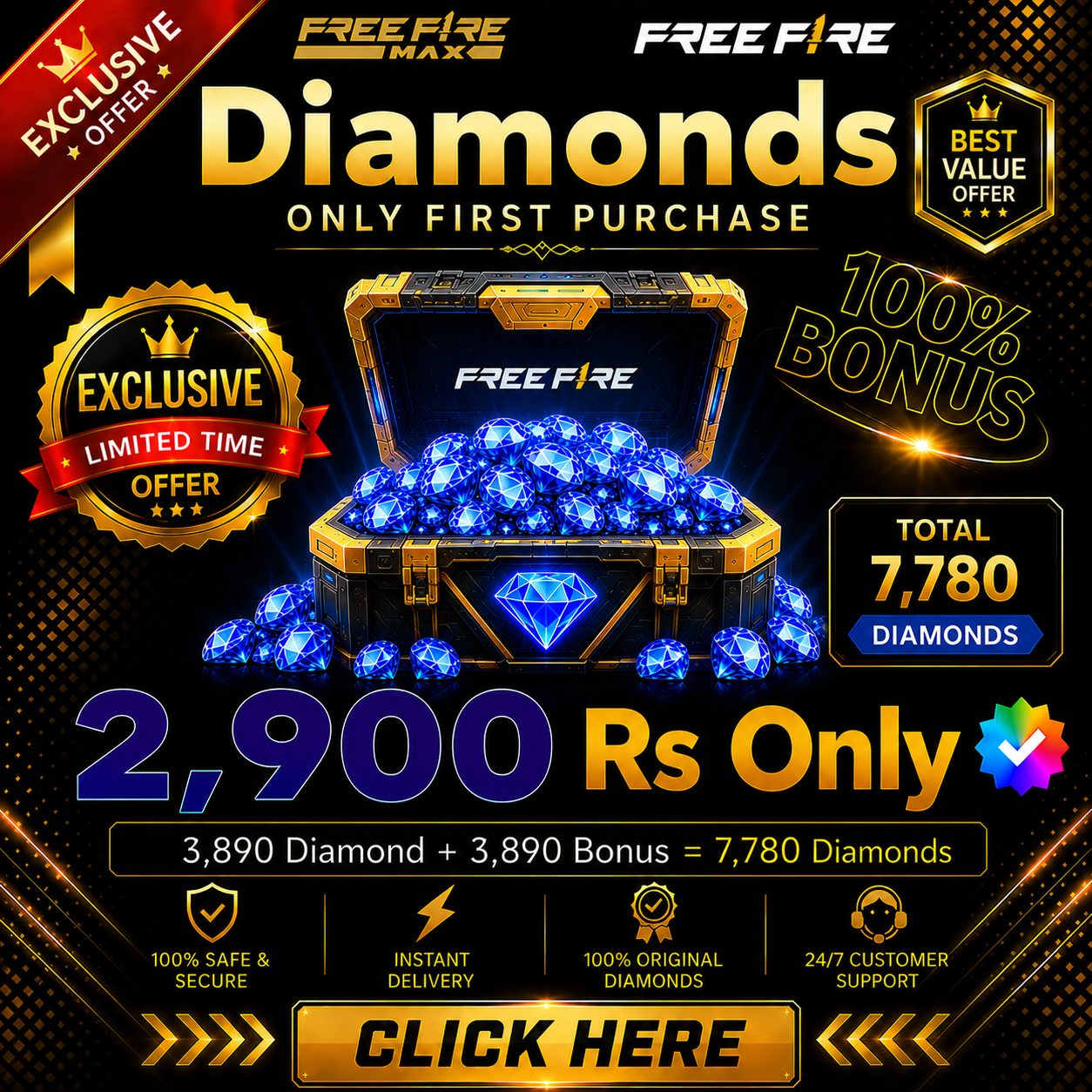Purchase 7780 Free Fire Diamonds Instant ID Delivery