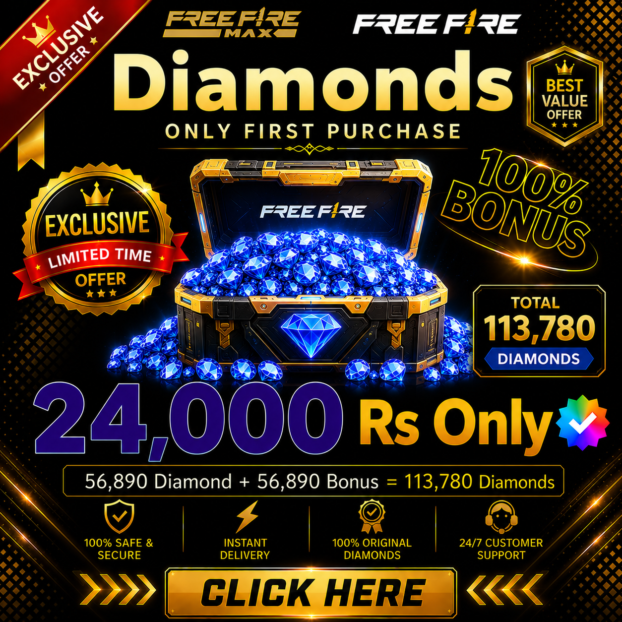 Top Up Diamond 56,890 Diamond + 56,890 Bonus = 113,780 Diamonds