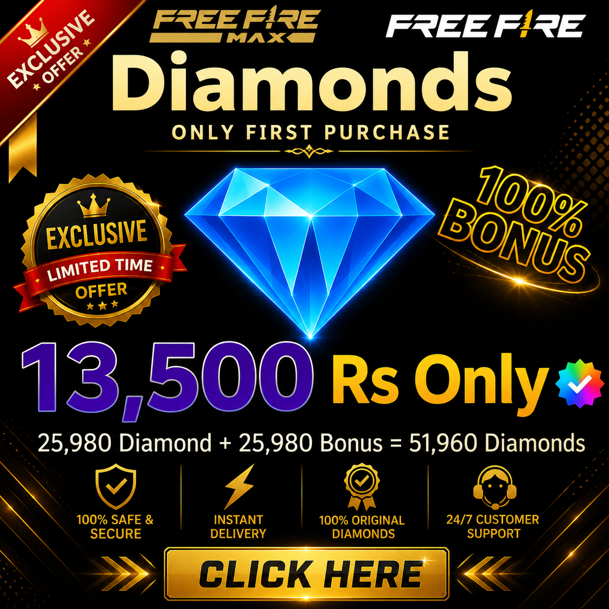 Top Up 25,980  Diamond   +  25,980   Bonus  =   51,960   💎
